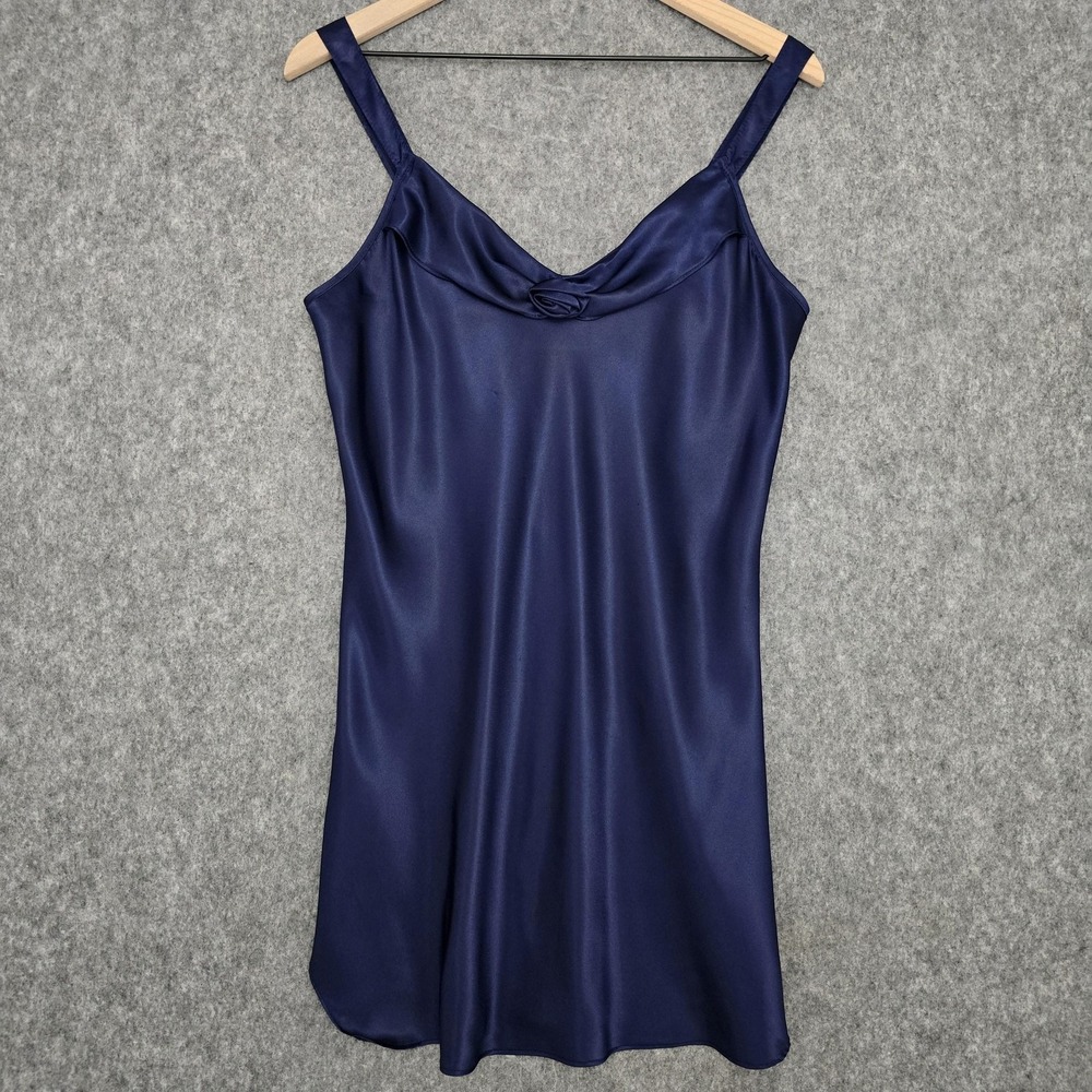 Vtg California Dynasty Nightgown Womens M Navy Satin Rose Chemise‎ Slip Dress